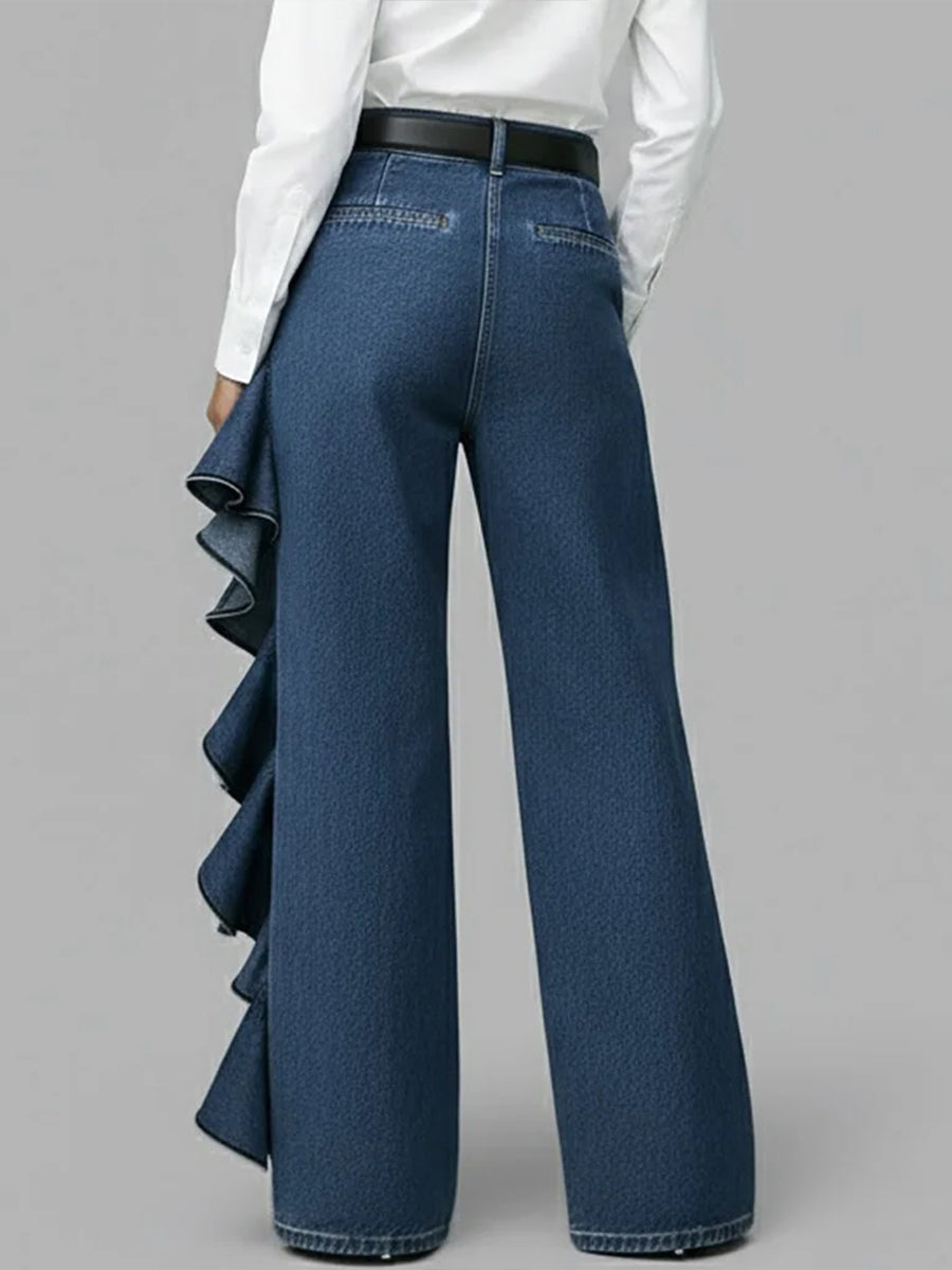 PANTALÓN VAQUERO WIDE LEG CON VOLANTE ASIMÉTRICO
